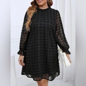 Black Swiss Dot Flounce Sleeve Frilled Neck Tunic Dress Size Large